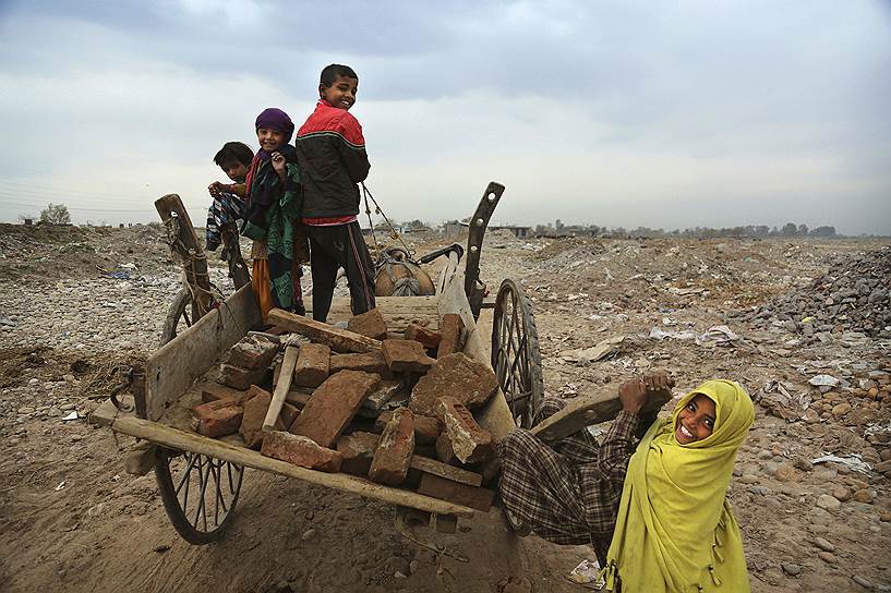Джамму, Индия. Дети из общины Гуджар на повозке с камнями для строительства жилища. Чтобы пережить зимние холода, многие семьи из общины переезжают с холмов на равнину и строят там временные дома