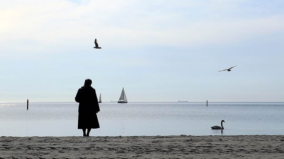 Гдыня, Польша. Женщина на берегу моря смотрит на яхты и лебедей