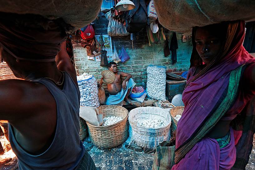 Калькутта, Индия. Торговец обмахивается веером, пока ждет покупателей на оптовом овощном рынке 