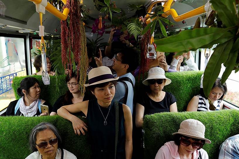 Тайбей, Китай. Пассажиры едут в озелененном автобусе в рамках пятидневной акции по озеленению городов