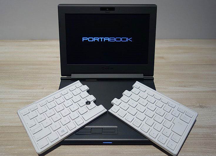 &lt;a href=&quot;http://www.kingjim.co.jp/sp/portabook/xmc10/&quot; target=&quot;_blank&quot; rel=&quot;nofollow&quot;> Portabook XMC10&lt;/a>
&lt;br>
Этот миниатюрный ноутбук имеет клавиатуру из двух половинок, которые компактно размещаются внутри корпуса, но могут быть сложены в одну рабочую клавиатуру. Релиз ноутбука состоялся в феврале 2016 года в Японии. Дисплей: 8 дюймов, клавиатура: 12 дюймов