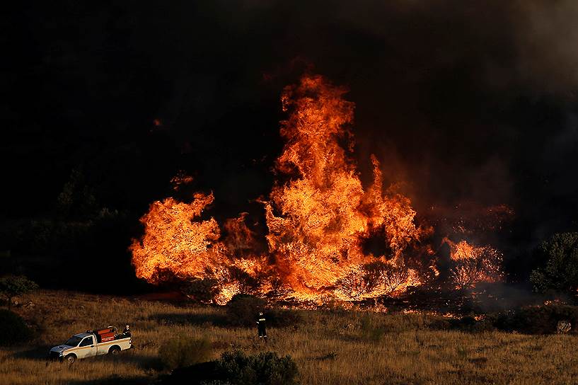 Каливия, Греция. Пожарный смотрит на горящие деревья и траву