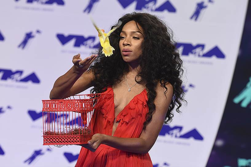 Рэп-исполнительница Lil Mama пришла на церемонию с необычным аксессуаром — клеткой с птицей