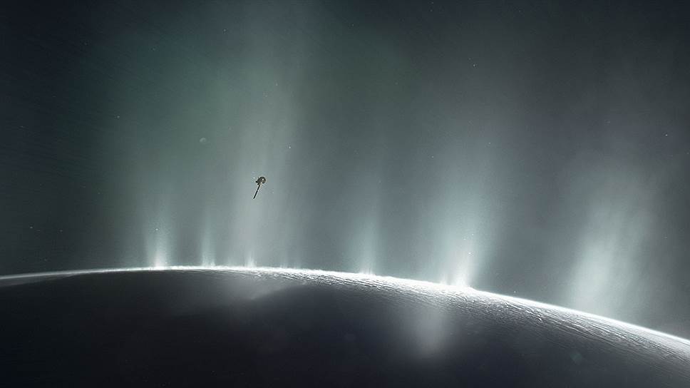 Пролет АМС Cassini в гейзерах Энцелада, выбрасывающих водяной пар, часть которого ионизируется магнитным полем Сатурна