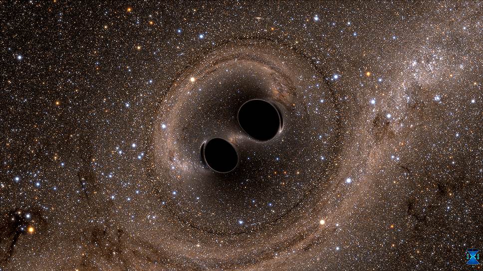 Компьютерная симуляция слияния двух черных дыр, в результате которого образовались гравитационные волны. Наблюдение за процессом принесло ученым из Массачусетского и Калифорнийского технологических университетов Нобелевскую премию по физике 