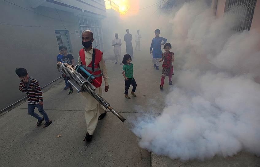 Равалпинди, Пакистан. Муниципальный работник дезифицирует улицу, чтобы предотвратить распространение лихорадки денге