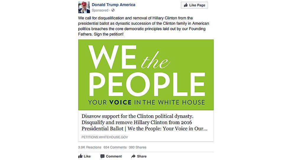 «Откажись от поддержки политической династии Клинтон. Дисквалифицируй Хиллари Клинтон с президентских выборов 2016 года! Подпиши петицию!» &lt;br>
Стоимость оплаченной рекламы: 14,6 тыс. руб.
