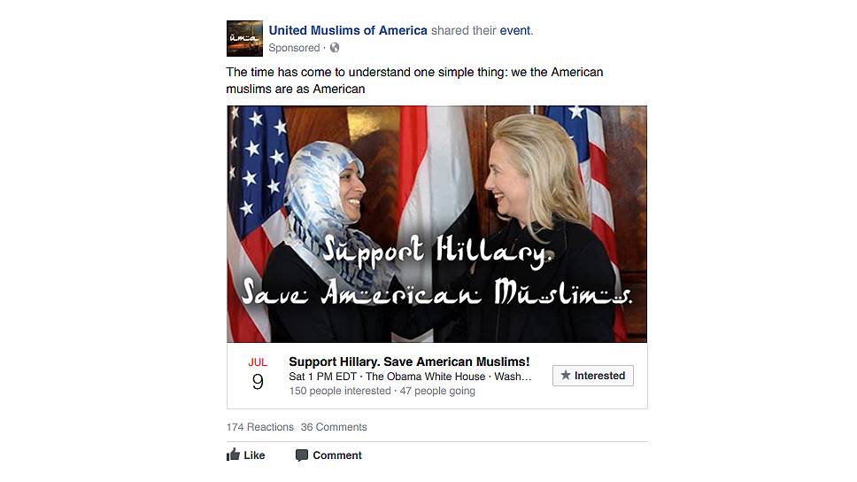 «Поддерживай Хиллари. Спаси американских мусульман» <br>
Стоимость оплаченной рекламы: 4 тыс. руб.
 