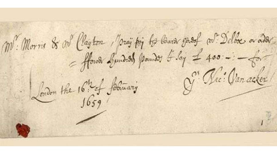 Первый из сохранившихся до наших дней банковских чеков был выписан в Великобритании в 1659 году на фантастическую по тем временам сумму &amp;#163;400