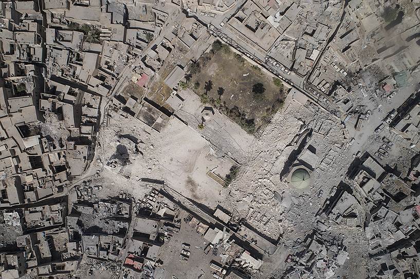 Аэрофотосъемка уничтоженной Соборной мечети ан-Нури 12 века постройки в Мосуле