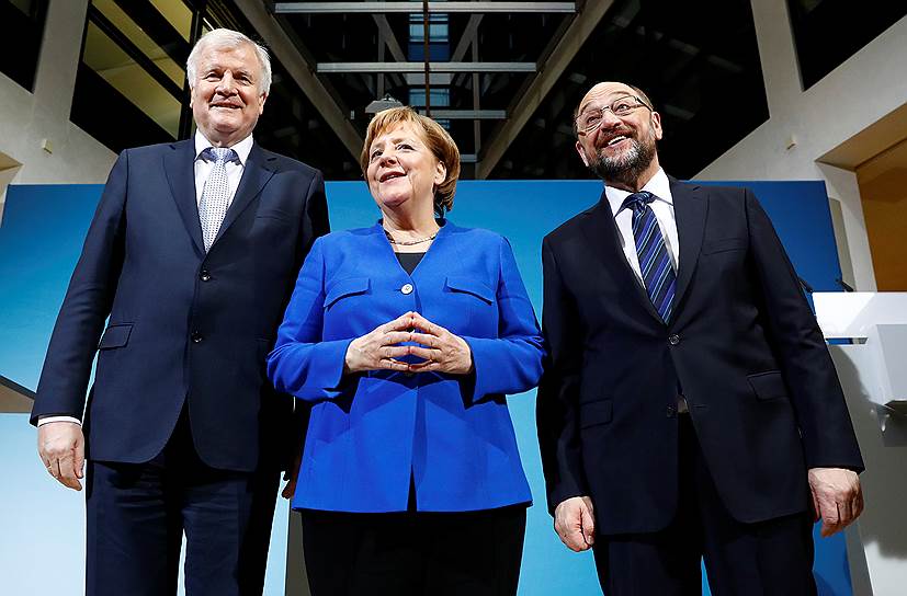 Исполняющая обязанности канцлера Германии Ангела Меркель, лидер христианского социального Союза в Баварии Хорст Зеехофер и лидер Социал-демократической партии (СПД) Мартин Шульц