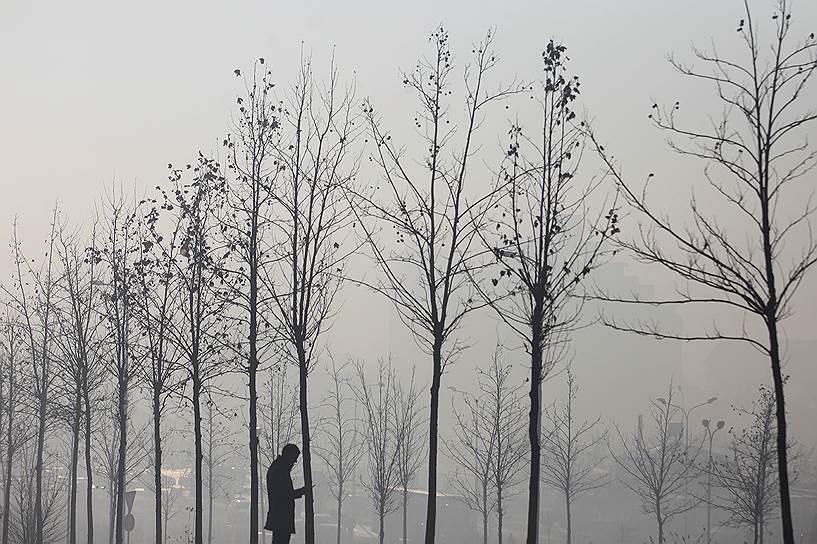 Приштина, Косово. Мужчина с мобильным телефоном в утреннем смоге