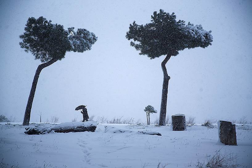 Рим, Италия. Мужчина на улице во время сильного снегопада