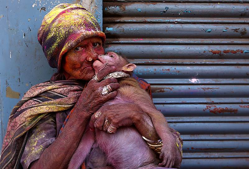 Ченнаи, Индия. Женщина на празднике Холи целует свою обезьянку