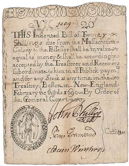 Первые бумажные деньги в США стал выпускать штат Массачусетс в конце XVII века, правда, долларами они еще не были, а назывались по привычке шиллингами и фунтами