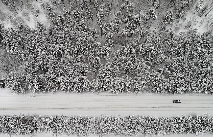 Красноярский край, Россия. Воздушная съемка зимней дороги в лесу
