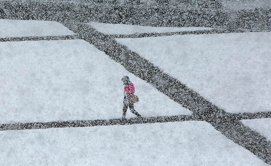 Дивногорск, Красноярский край. Девушка идет по улице во время снегопада