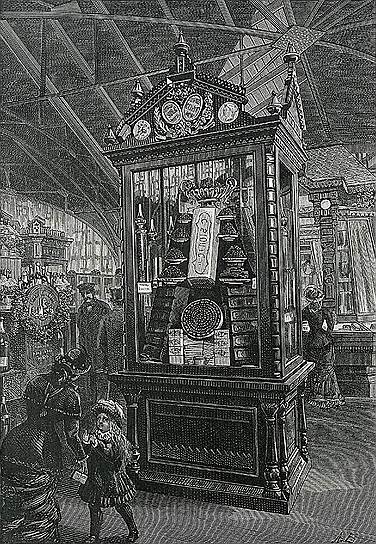 Снижение цен на сахар и настойчивая реклама (на гравюре — киоск фабрики С. Сиу и Ко. на Всероссийской художественно-промышленной выставке 1882 года) позволили отечественным фабрикантам конфет почти полностью вытеснить иностранных
