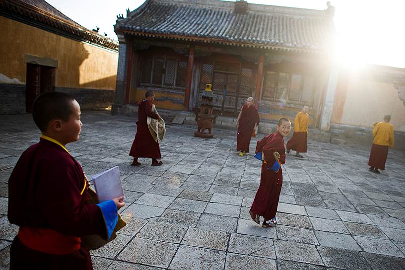 Сэлэнгэ, Монголия. Юные монахи прибывают на вечернюю молитву в Амарбаясгалант  —  один из крупнейших буддийских монастырей страны