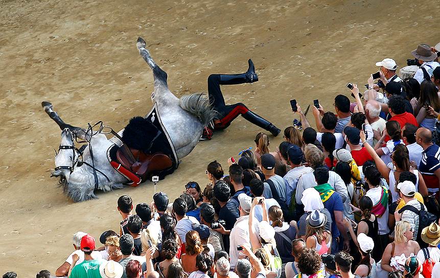 Сиена, Италия. Карабинер упал с лошади во время парада, приуроченного к скачкам Сиенское Палио