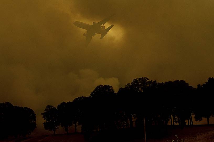 Лейкпорт, штат Калифорния, США. Пожарный самолет летит сквозь дым