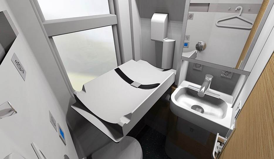 Туалеты в вагонах будут оборудованы гигиеническими душами, пеленальными столиками, автоматическими кранами, дозаторами мыла, бумажными полотенцами