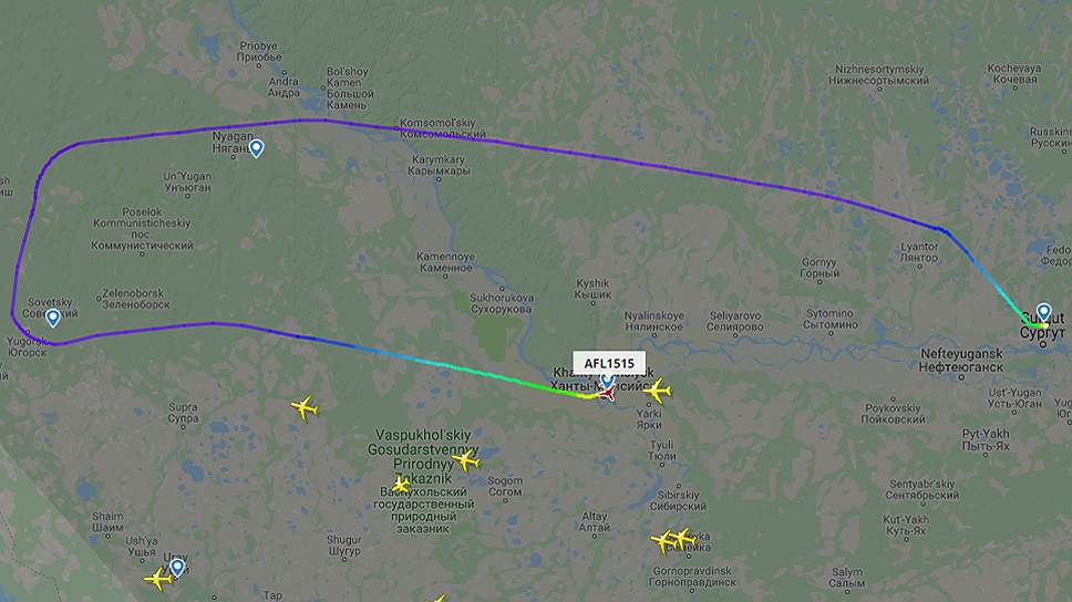 Маршрут Boeing 737-8LJ, летевшего по маршруту Сургут— Москва и совершившего экстренную посадку в Ханты-Мансийске (по данным сервиса FlightRadar)