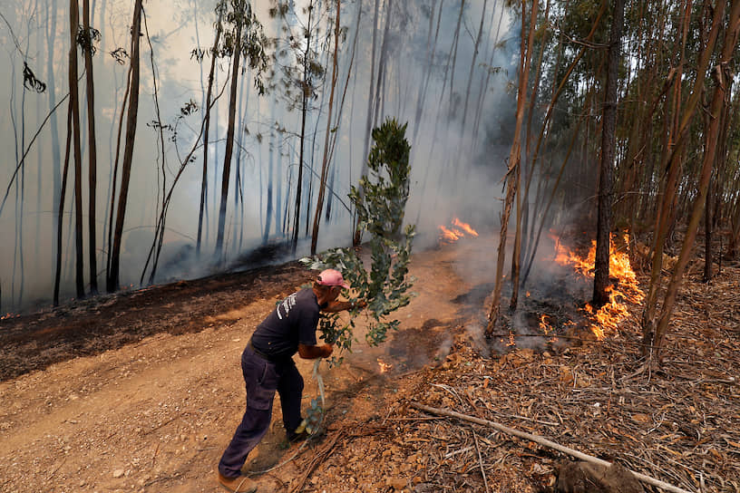 Масан, Португалия. Житель деревни помогает потушить лесной пожар 