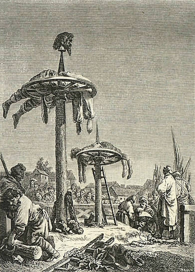 По указу Петра I казнь колесованием (на гравюре) полагалась не только разбойникам, но и их укрывателям