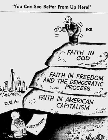 В США даже карикатуристы пытались объяснить высокому советскому гостю преимущества капитализма, демократии и веры в бога