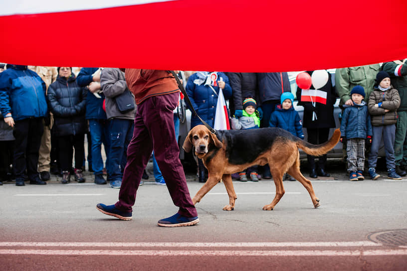 Гданьск, Польша. Мужчина с собакой во время парада, приуроченного ко Дню независимости