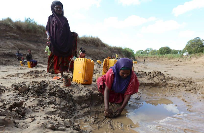 Люди собирают воду в обмелевшем русле реки Шабелле в Сомали 
