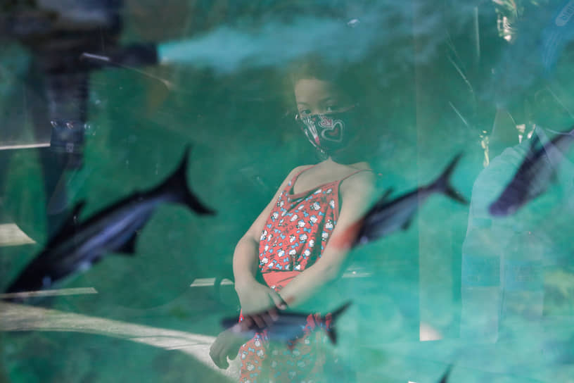 Кесон-Сити, Филиппины. Местная жительница в маске смотрит на аквариум 