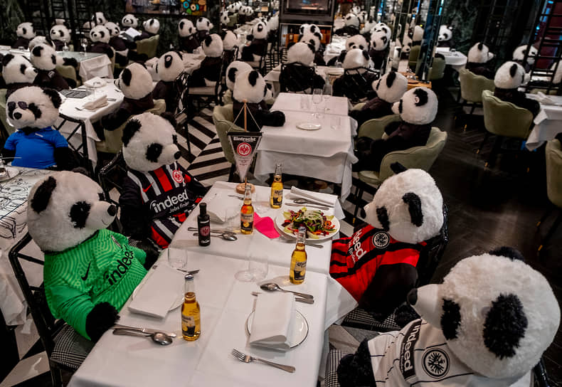 Франкфурт, Германия. Плюшевые панды в ресторане, закрытом из-за коронавирусного локдауна