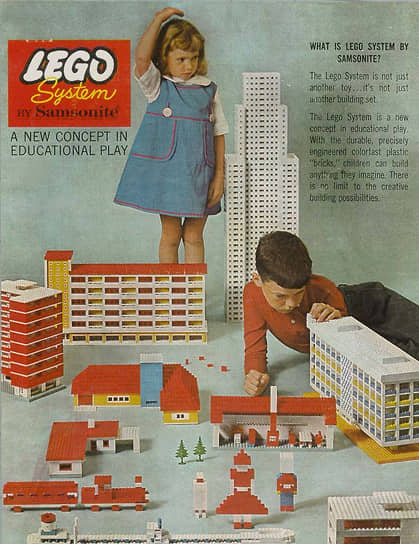В 1960 году компания прекратила выпуск деревянных игрушек. Тогда же Lego начала осваивать рынки США и Канады, продажи достигали там 5 млн наборов в год&lt;br>
На фото: реклама Lego в США, где компания работала в сотрудничестве с Samsonite