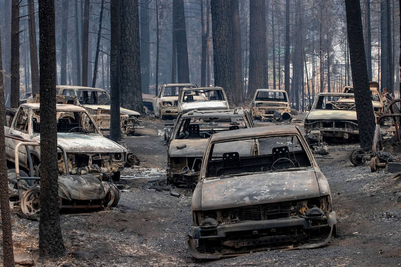 Калифорния, США. Сгоревшие автомобили во время лесного пожара «Калдор» 