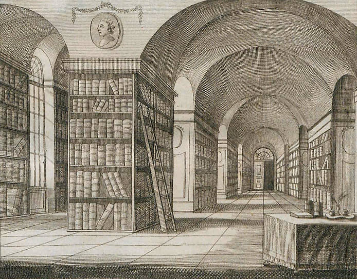 «Для печатания полезных и нужных книг имеется достаточное количество таковых типографий, при разных училищах устроенных» (на гравюре — библиотека, 1785 год)