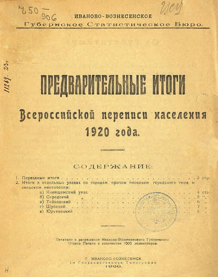 &lt;b>1920 год&lt;/b> 
&lt;BR>Предполагалось, что это будет первая всероссийская перепись при новом строе. Однако из-за продолжавшейся Гражданской войны она охватила не всю территорию страны. Численность населения составила 136,8 млн человек