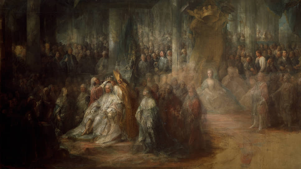 «Я вижу,— писала Екатерина II,— что молодой шведский король не придает никакого значения самым торжественным клятвам и уверениям своим» (на картине — коронация Густава III)