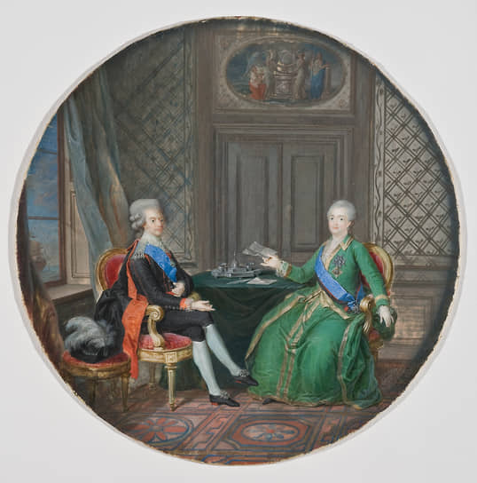 «Свидание их происходило с изъявлением взаимных горячих родственнических чувствований» (на рисунке — Екатерина II и Густав III вовремя встречи в Фридрихсгаме в 1784 году)