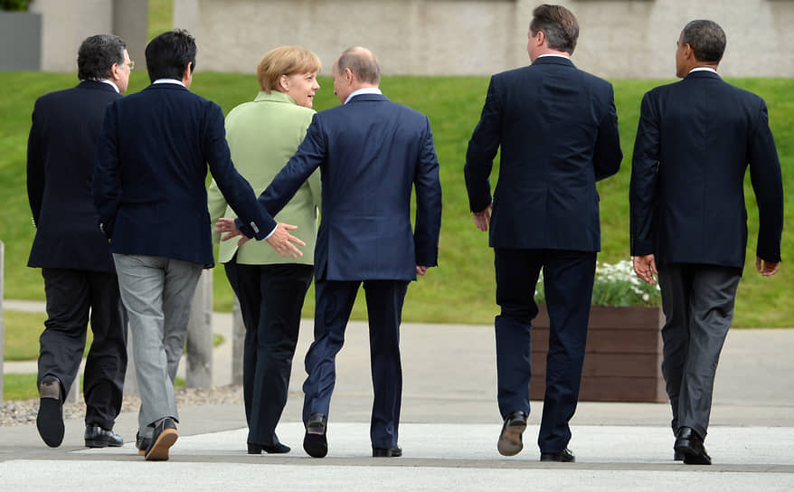 Слева направо: канцлер Германии Ангела Меркель, президент России Владимир Путин, премьер-министр Великобритании Дэвид Кэмерон и президент США Барак Обама на саммите стран G8, 2013 год