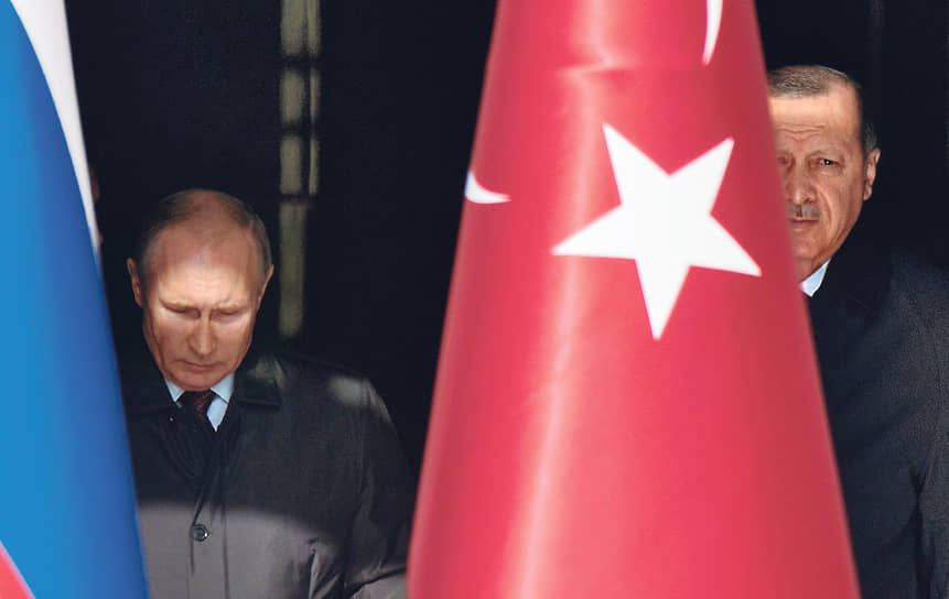 Президенты России Владимир Путин (слева) и Турции Реджеп Тайип Эрдоган на церемонии запуска строительства первого энергоблока атомной электростанции «Аккую», 2018 год