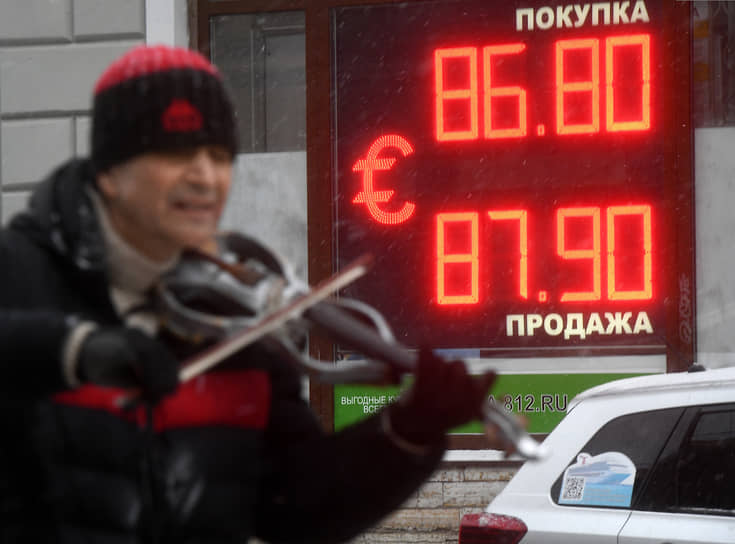 Санкт-Петербург. Уличный музыкант на фоне табло курсов обмена валют