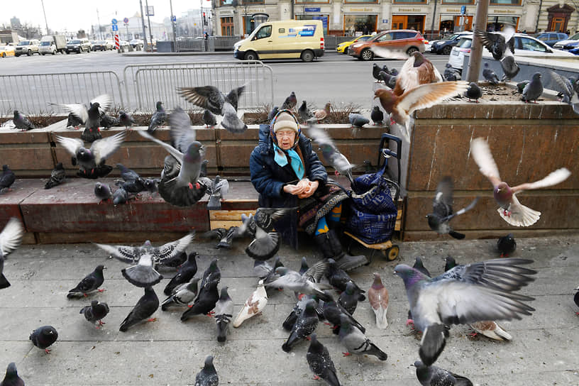Москва. Пожилая женщина кормит голубей 
