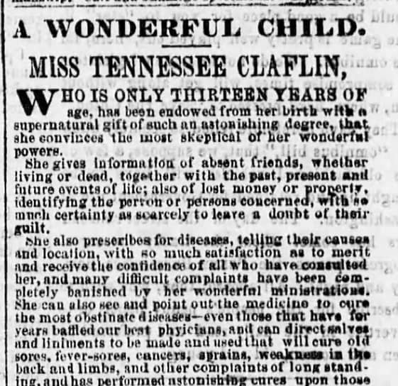 Газетная реклама «чудо-девочки» Теннесси Клафлин (1859 год)