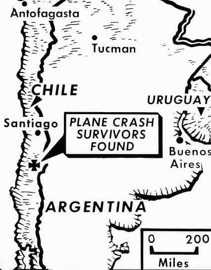 Место аварии на этой карте отмечено не совсем точно. Хотя в Андах граница между странами не размечена, самолет упал на аргентинской, а не на чилийской территории