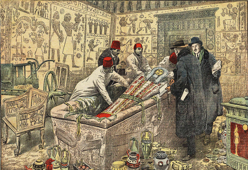 Говард Картер и лорд Карнарвон у саркофага Тутанхамона. Лорду суждено стать «жертвой проклятия фараонов», Картер будет яростным противником теории проклятия