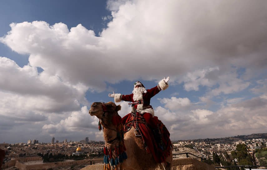Иерусалим, Израиль. Палестинец в костюме Санта-Клауса едет на верблюде по Елеонской горе
