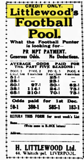 Газетная реклама тотализатора Littlewood`s Football Pool, 1931 год