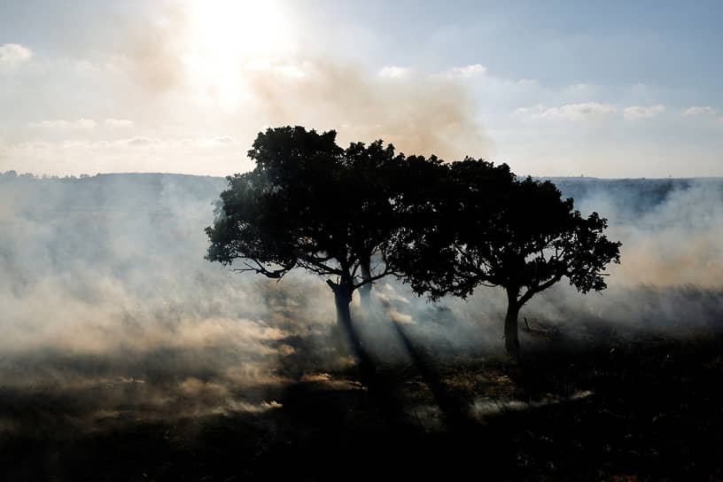 Пожар, вспыхнувший после обстрела палестинцами окрестностей города Сдерота на юге Израиля